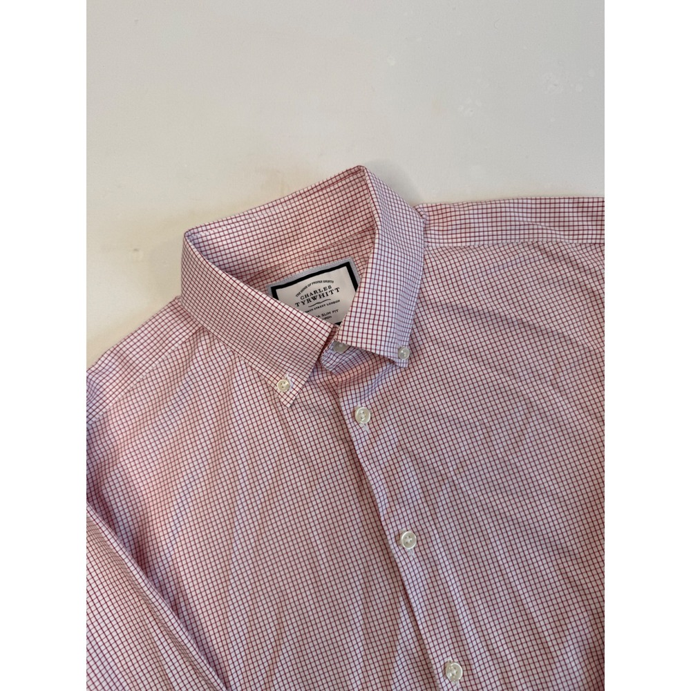 Charles Tyrwhitt Mens 16/34 Extra Slim Fit Red Micro Check Non-Iron Cotton Shirt